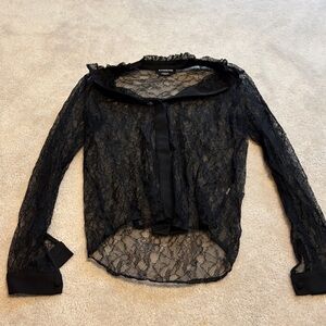 bebe Black Sheer Lace Button-Down Blouse
